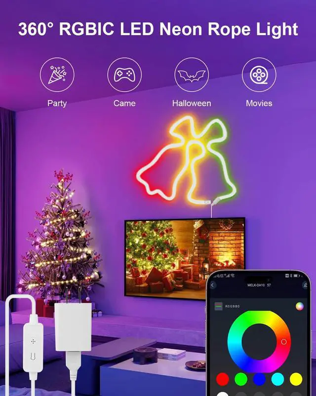 Alt view image 2 of 7 - LED Neon Rope Lights RGBIC Music Sync USB 360° Luminous 6.5FT