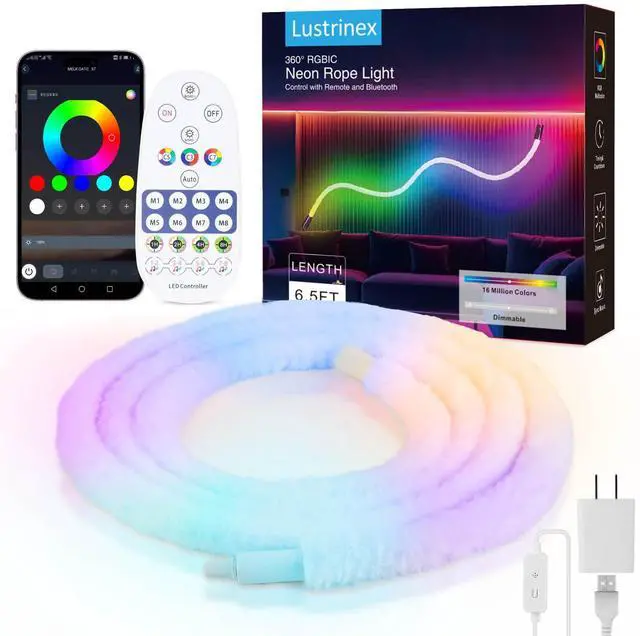 Main image of LED Neon Rope Lights RGBIC Music Sync USB 360° Luminous 6.5FT