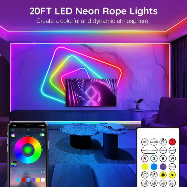 Alt view image 2 of 7 - 20Ft Neon Rope Lights,Flexible Led Rope Lights Control with App/Remote,Multiple Modes Music Sync Gaming RGB Led Neon Lights for Bedroom Outdoor