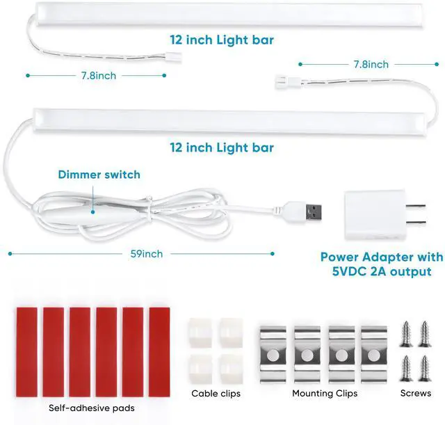 Alt view image 3 of 7 - Plug-in Under Cabinet Lighting Kit with Adapter, Dimmer, 2 pcs 12 Inch USB LED Light Strips. Dimmable Linkable for Kitchen Counter, Workbench, Over Sink, Closet, Pantry. Cool White 4000K