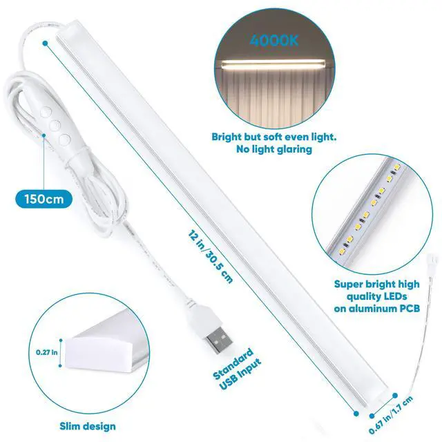 Alt view image 5 of 7 - Plug-in Under Cabinet Lighting Kit with Adapter, Dimmer, 2 pcs 12 Inch USB LED Light Strips. Dimmable Linkable for Kitchen Counter, Workbench, Over Sink, Closet, Pantry. Cool White 4000K