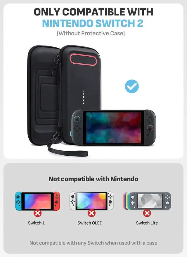 Alt view image 2 of 7 - Slim Carrying Case for Nintendo Switch 2, Ultra-Thin Hard Shell Travel Bag, Fits Console & 12 Game Cards, Lightweight Portable Pouch with Dual Zipper & Wrist Strap (Black)
