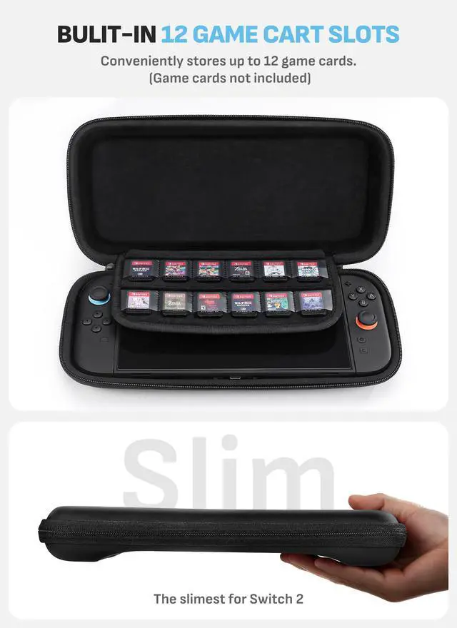 Alt view image 3 of 7 - Slim Carrying Case for Nintendo Switch 2, Ultra-Thin Hard Shell Travel Bag, Fits Console & 12 Game Cards, Lightweight Portable Pouch with Dual Zipper & Wrist Strap (Black)