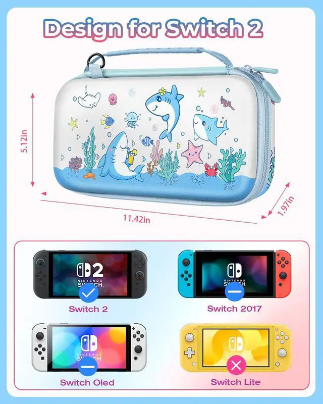 Alt view image 3 of 6 - for Nintendo Switch 2 Carrying Case - Blue Shark Cute Kawaii Design with Handle and Strap for Switch 2 Travel Cases Portable Storage Carry Protective Hard Shell for Boys Teens Girls