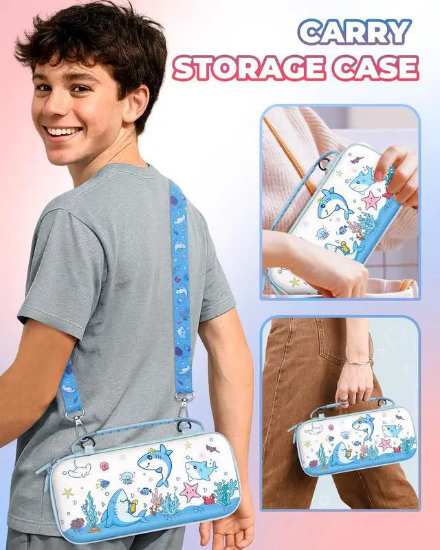 Alt view image 6 of 6 - for Nintendo Switch 2 Carrying Case - Blue Shark Cute Kawaii Design with Handle and Strap for Switch 2 Travel Cases Portable Storage Carry Protective Hard Shell for Boys Teens Girls