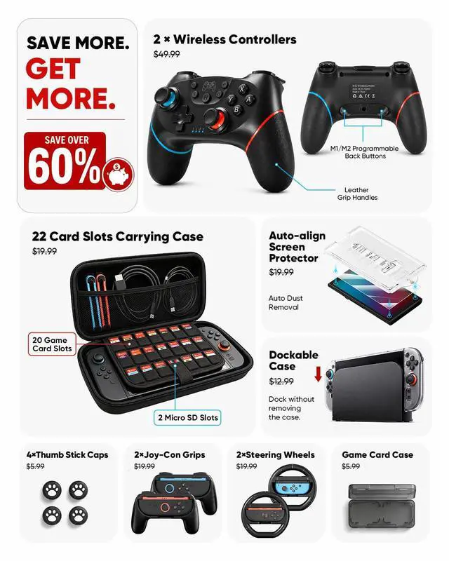 Alt view image 4 of 7 - Wireless Pro Controllers Accessories Bundle for Nintendo Switch 2 18-in-1