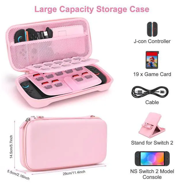 Alt view image 2 of 7 - Switch 2 Case Compatible with NS Switch 2 (2025), Carrying Case with 19 Game Card Slots, 4 in 1 Switch 2 Accessories Includes Shoulder Strap, Wrist Strap & Stickers (Pink)