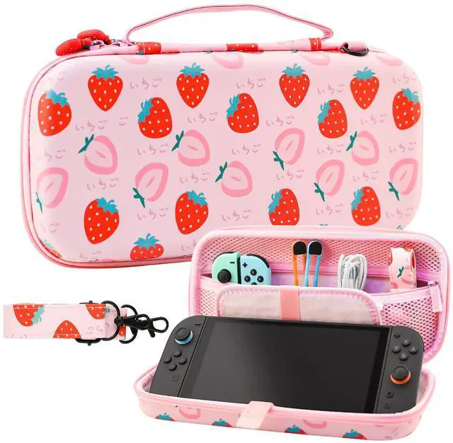 Main image of Pink Strawberry Carrying Case for Nintendo Switch 2 (2025), Cute Portable Hard Shell Travel Single Bag with 10 Game Card Slots & Shoulder Strap