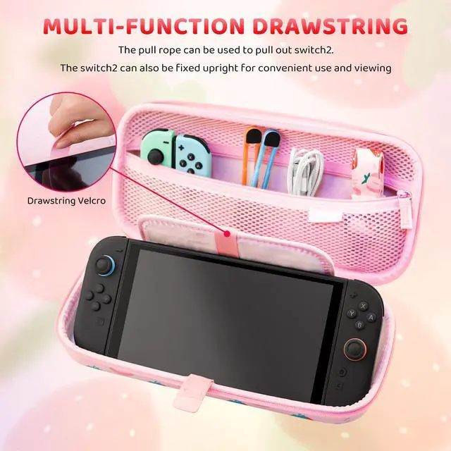 Alt view image 3 of 7 - Pink Strawberry Carrying Case for Nintendo Switch 2 (2025), Cute Portable Hard Shell Travel Single Bag with 10 Game Card Slots & Shoulder Strap