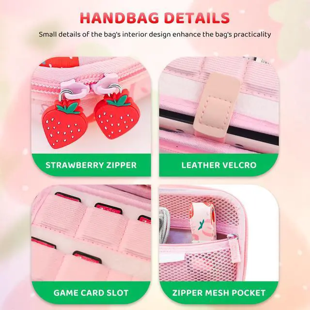 Alt view image 4 of 7 - Pink Strawberry Carrying Case for Nintendo Switch 2 (2025), Cute Portable Hard Shell Travel Single Bag with 10 Game Card Slots & Shoulder Strap