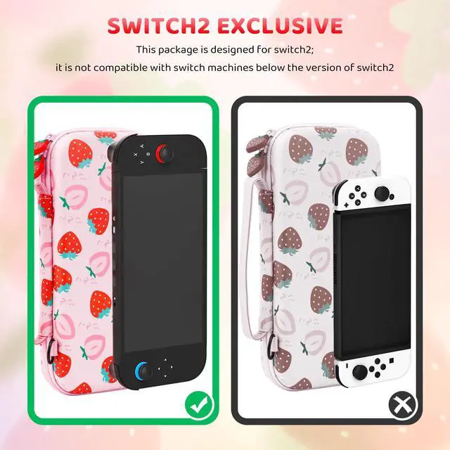 Alt view image 5 of 7 - Pink Strawberry Carrying Case for Nintendo Switch 2 (2025), Cute Portable Hard Shell Travel Single Bag with 10 Game Card Slots & Shoulder Strap