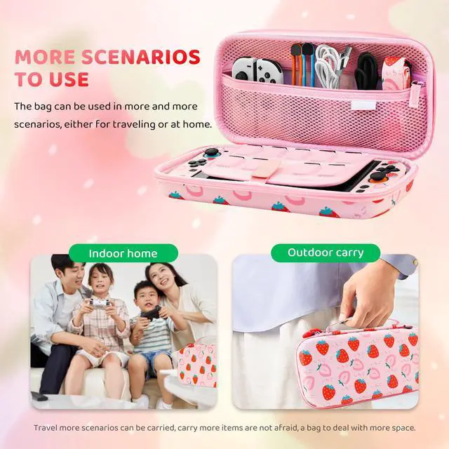 Alt view image 6 of 7 - Pink Strawberry Carrying Case for Nintendo Switch 2 (2025), Cute Portable Hard Shell Travel Single Bag with 10 Game Card Slots & Shoulder Strap