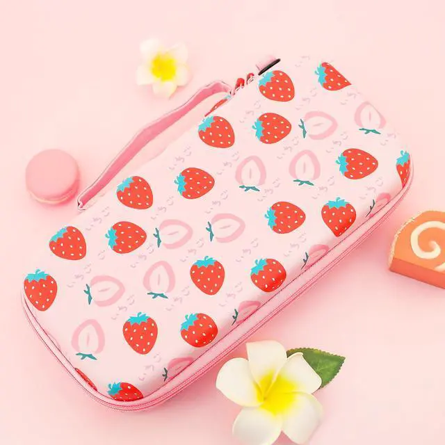 Alt view image 7 of 7 - Pink Strawberry Carrying Case for Nintendo Switch 2 (2025), Cute Portable Hard Shell Travel Single Bag with 10 Game Card Slots & Shoulder Strap