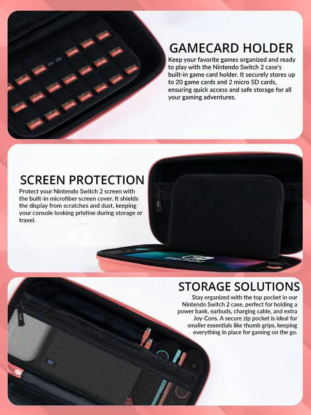 Alt view image 5 of 7 - Case Compatible with Nintendo Switch 2 Protective Travel Carry Case with Screen Padding, Game Card & microSD Slots, Zipped & Open Pockets for Accessories 7.9" Gift Boxed