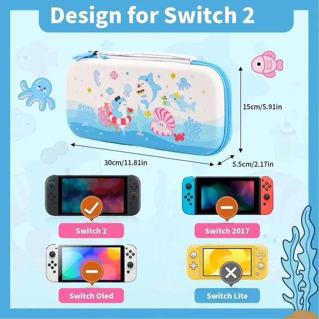 Alt view image 2 of 7 - Shark Switch 2 Carrying Case, Switch2 Hard Shell Storage Bag with Game Card Slots & Strap, Cute Ocean Travel Carry Case Compatible with Nintendo Switch 2 2025 Console and Accessories