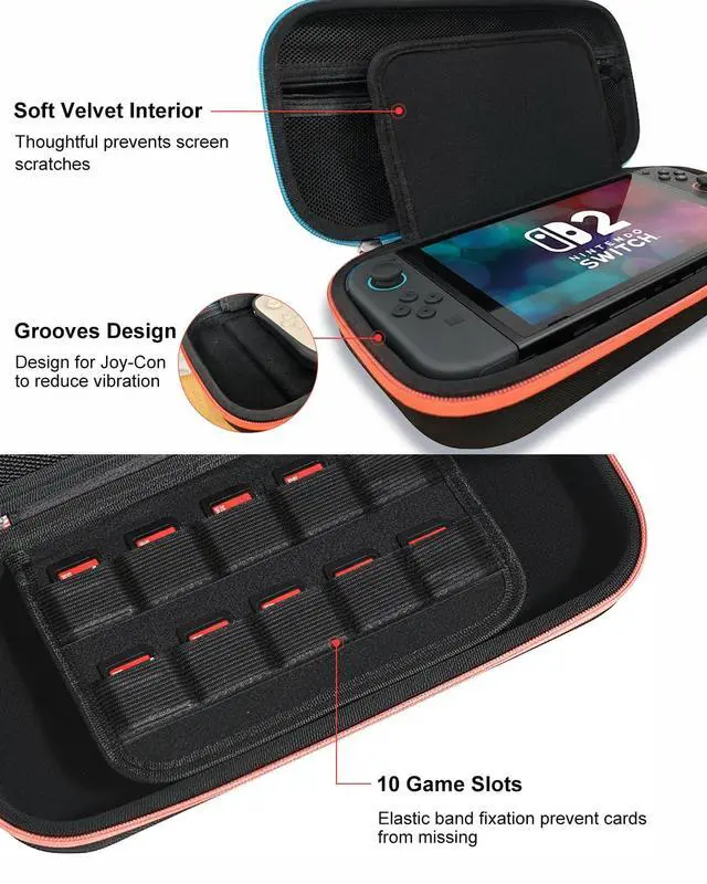 Alt view image 4 of 7 - Switch 2 Case | Carrying Case for Nintendo Switch 2, Portable All in One with Handle, Screen Padding, 10 Game Cartridges and Pockets for Switch 2 Accessories, for Travel and Storage, Black