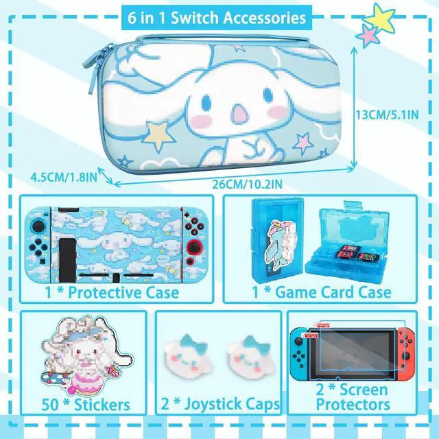 Alt view image 6 of 6 - Carrying Case for Switch, Cute Portable Travel Bag Accessories with Soft Protective Cover, Screen Protectors and Thumb Grip caps, Game Card Case 7in1, Blue