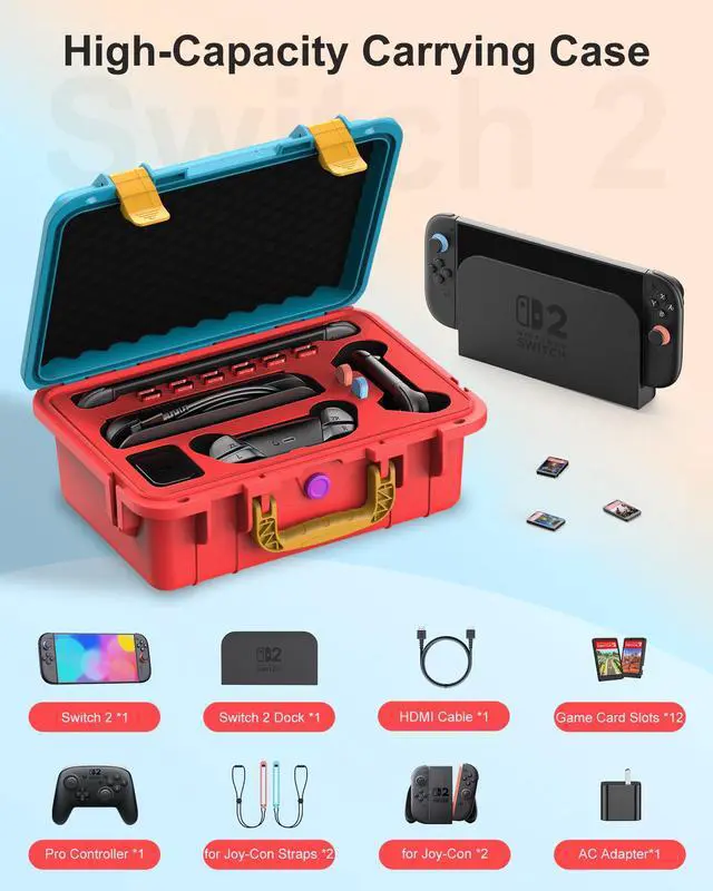 Alt view image 2 of 7 - Hard Carrying Case for Nintendo Switch 2, Professional Deluxe IP67 Waterproof, Soft Lining Hard Travel Case for Nintendo Switch 2 Console Pro Controller & Accessories (Blue & Orange)