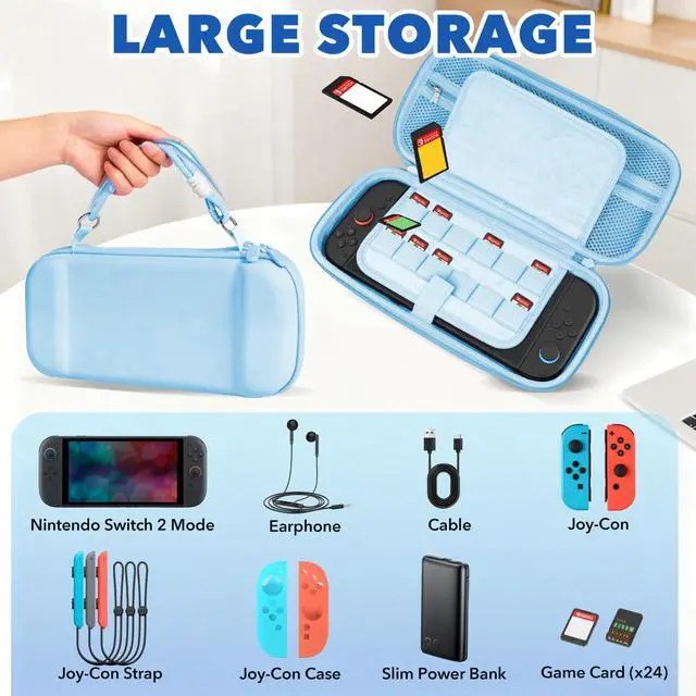 Alt view image 3 of 7 - Tolado Carrying Case for Nintendo Switch 2 (2025), Shockproof Hard Shell with 24 Game Card Slots, Shoulder Strap, Wrist Strap, Protective Cover Travel Bag, Sky Blue