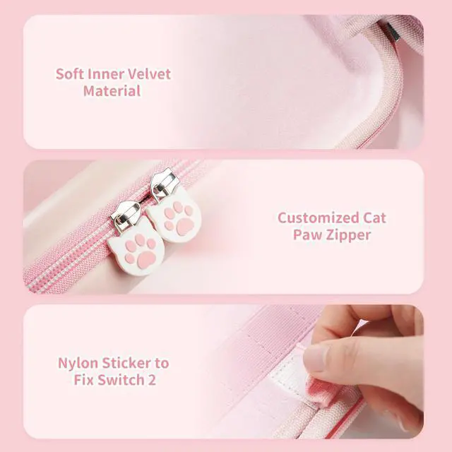 Alt view image 3 of 5 - Portable Carrying Case Compatible with Switch 2 (2025), Hard Storage Bag with 12 Game Card Slots, Cat Paw Travel Case for Switch 2 Console and Accessories, Pink