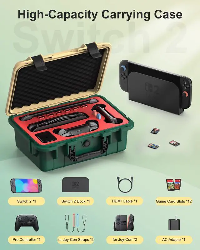 Alt view image 2 of 7 - Hard Carrying Case for Nintendo Switch 2, Professional Deluxe IP67 Waterproof, Soft Lining Hard Travel Case for Nintendo Switch 2 Console Pro Controller & Accessories (Yellow & Green)