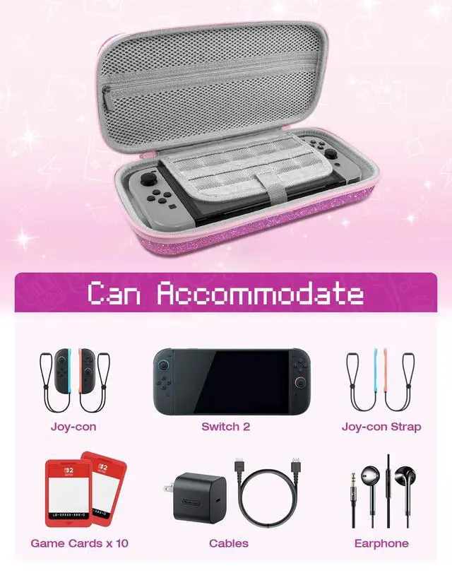Alt view image 6 of 6 - for Nintendo Switch 2 Carrying Case - Glittering Purple Cute Kawaii Design with Handle for Switch 2 2025 Travel Cases Portable Storage Carry Protective Hard Shell for Girls Teens