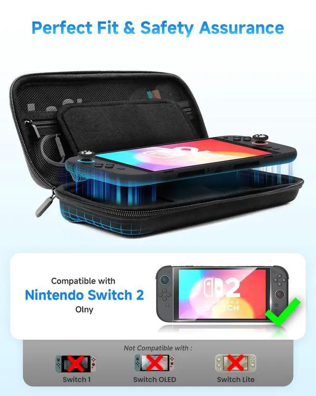 Alt view image 2 of 7 - Carrying Case for Nintendo Switch 2 Hard Case, Travel Bag Game Card Storage Pocket Portable Lightweight Protective Carrying Case, 1 Screen Protectors, 2 Thumb Caps,1 Set Cleaning Tool