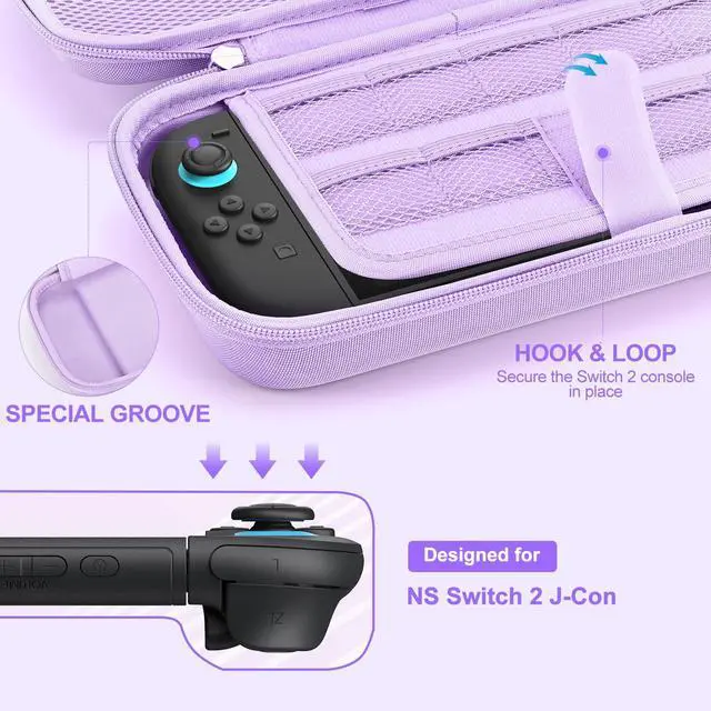 Alt view image 5 of 7 - Switch 2 Case 14-in-1 Bundle for NS Switch 2 (2025), with Carrying Case, Protective Cover, Thumb Grips, Screen Protector, Cute Pendant and Sticker, Purple