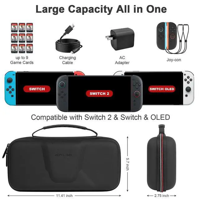 Alt view image 5 of 7 - Large Capacity Carrying Case for Nintendo Switch 2, Anti-Drift Hard Shell Travel Case Fit Charger, with 9 Game Card Slots & Mesh Pocket - Shockproof Portable Storage Bag