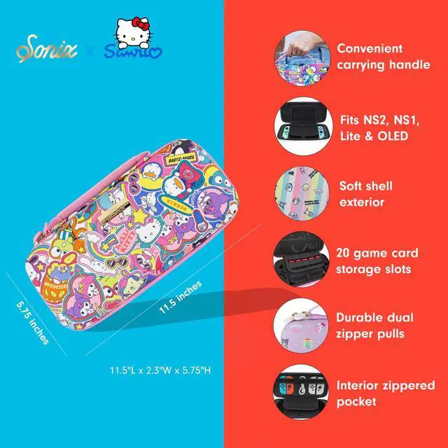 Alt view image 5 of 7 - Carrying Case for Nintendo Switch 2, Switch 1, Lite, OLED, Protective Travel Case with Game Cartridge Storage | Hello Kitty & Friends Stickers