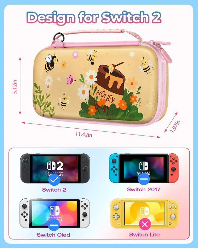 Alt view image 3 of 6 - for Nintendo Switch 2 Carrying Case for Women Teen Girls - Cute Cool Design for Switch 2 2025 Travel Cases with Handle and Strap Portable Storage Carry Hard Shell for Accessories, Bee