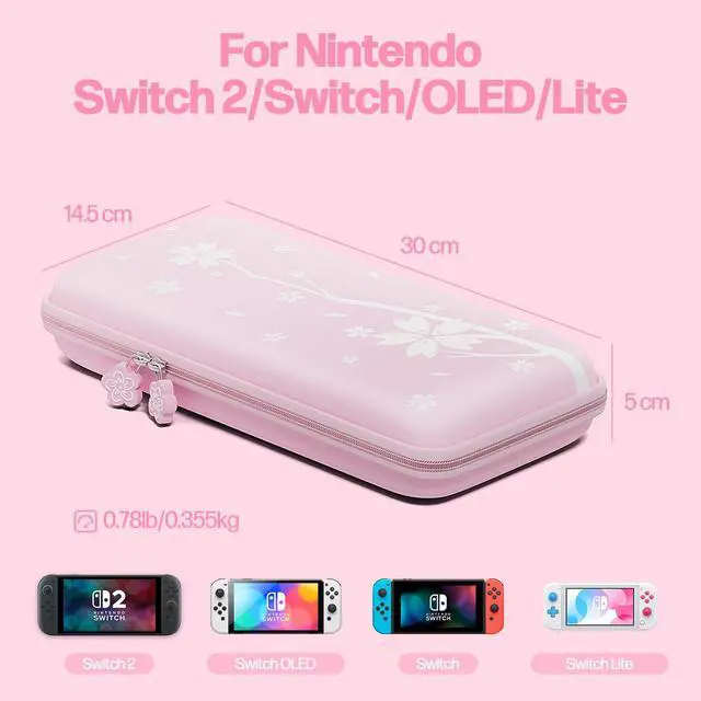 Alt view image 2 of 7 - Cute Carrying Case for Nintendo Switch/Switch 2/OLED/Lite, Portable Hard Shell Pouch for Switch Console Accessories Protective Travel Storage Bag for Switch with10 Game Card Slots, Pink Sakura
