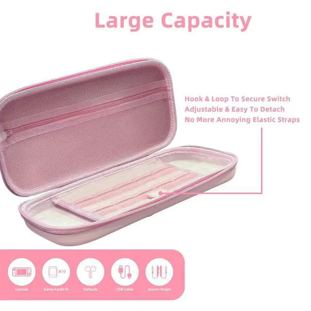 Alt view image 4 of 7 - Cute Carrying Case for Nintendo Switch/Switch 2/OLED/Lite, Portable Hard Shell Pouch for Switch Console Accessories Protective Travel Storage Bag for Switch with10 Game Card Slots, Pink Sakura