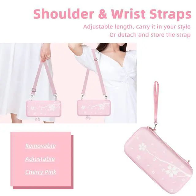 Alt view image 3 of 7 - Cute Carrying Case for Nintendo Switch/Switch 2/OLED/Lite, Portable Hard Shell Pouch for Switch Console Accessories Protective Travel Storage Bag for Switch with10 Game Card Slots, Pink Sakura