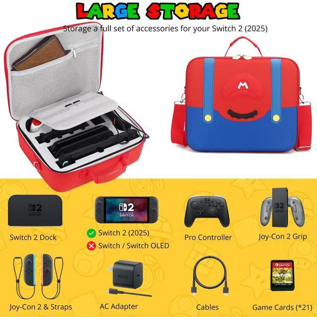 Alt view image 2 of 6 - Cute Carrying Case for Nintendo Switch 2 (2025), Large All in One Hard Travel Case with Game Card Slots, Portable Full Protection Bag for Switch 2 Mario, Pro Controller and Accessories
