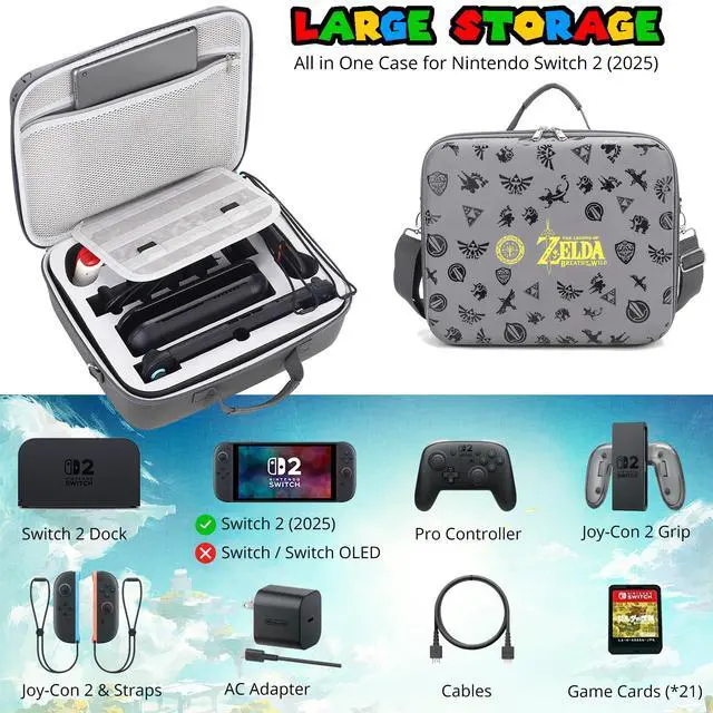 Alt view image 2 of 6 - Cute Carrying Case for Nintendo Switch 2 (2025), Large All in One Hard Travel Case with Game Card Slots, Portable Full Protection Bag for Switch 2 Zelda Console, Pro Controller & Accessories