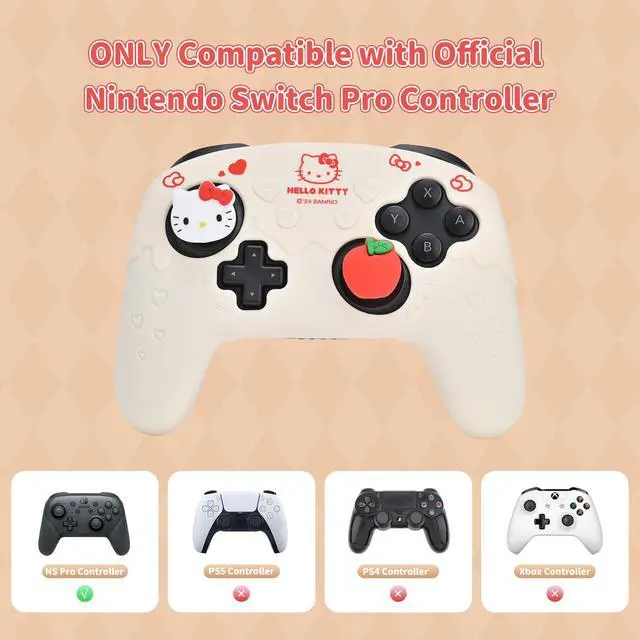 Alt view image 2 of 7 - Silicone Switch Pro Controller Cover Skin Set, Anti-Slip Soft Protective Case for Switch Pro Controller with 2 Thumb Grip Caps and 1 Sticker (Beige Hello Kitty)