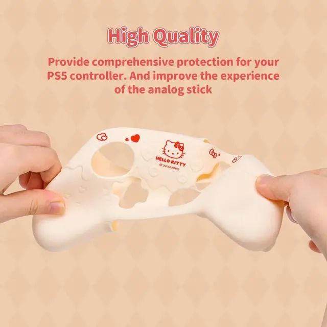 Alt view image 3 of 7 - Silicone Switch Pro Controller Cover Skin Set, Anti-Slip Soft Protective Case for Switch Pro Controller with 2 Thumb Grip Caps and 1 Sticker (Beige Hello Kitty)