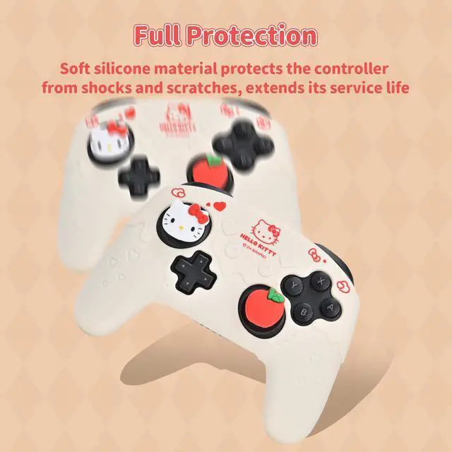 Alt view image 4 of 7 - Silicone Switch Pro Controller Cover Skin Set, Anti-Slip Soft Protective Case for Switch Pro Controller with 2 Thumb Grip Caps and 1 Sticker (Beige Hello Kitty)