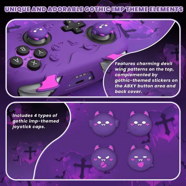 Alt view image 6 of 7 - for Nintendo Switch 2 Pro Controller Silicone Cover Gothic Imp Series Cute Protective Skin Case for Switch 2 Pro Controller w/Back Button Caps & Thumb Grip & Sticker, Shockproof - Purple
