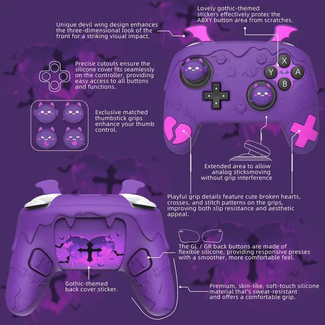 Alt view image 7 of 7 - for Nintendo Switch 2 Pro Controller Silicone Cover Gothic Imp Series Cute Protective Skin Case for Switch 2 Pro Controller w/Back Button Caps & Thumb Grip & Sticker, Shockproof - Purple
