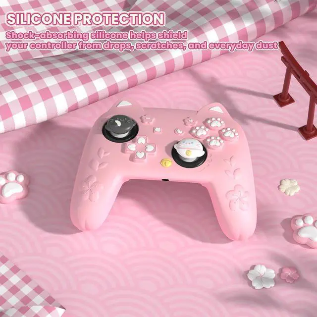 Alt view image 3 of 7 - for Nintendo Switch 2 Pro Controller Silicone Cover Cherry Blossoms Kitten Cute Protective Skin Case for Switch 2 Pro Controller w/Back Button Cap & Thumb Grip & Sticker - Pink
