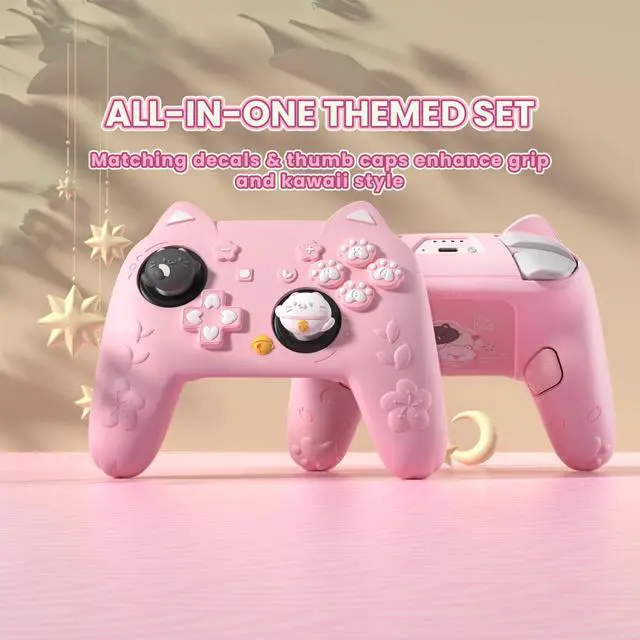 Alt view image 4 of 7 - for Nintendo Switch 2 Pro Controller Silicone Cover Cherry Blossoms Kitten Cute Protective Skin Case for Switch 2 Pro Controller w/Back Button Cap & Thumb Grip & Sticker - Pink