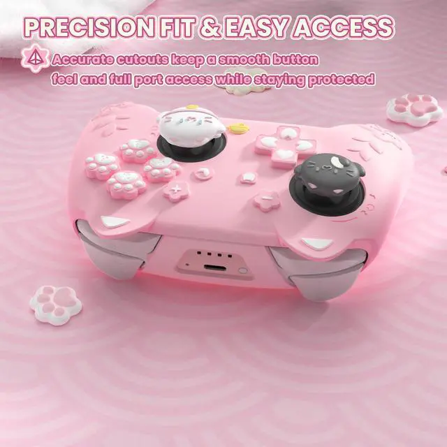 Alt view image 6 of 7 - for Nintendo Switch 2 Pro Controller Silicone Cover Cherry Blossoms Kitten Cute Protective Skin Case for Switch 2 Pro Controller w/Back Button Cap & Thumb Grip & Sticker - Pink