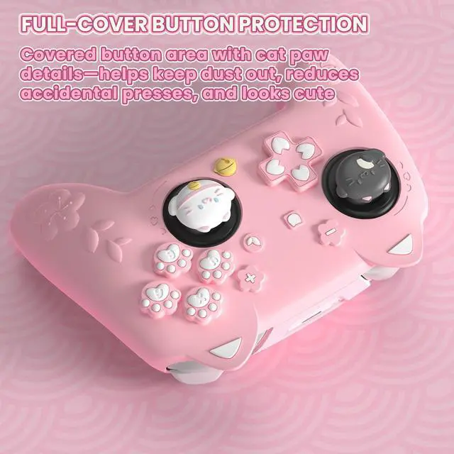 Alt view image 5 of 7 - for Nintendo Switch 2 Pro Controller Silicone Cover Cherry Blossoms Kitten Cute Protective Skin Case for Switch 2 Pro Controller w/Back Button Cap & Thumb Grip & Sticker - Pink