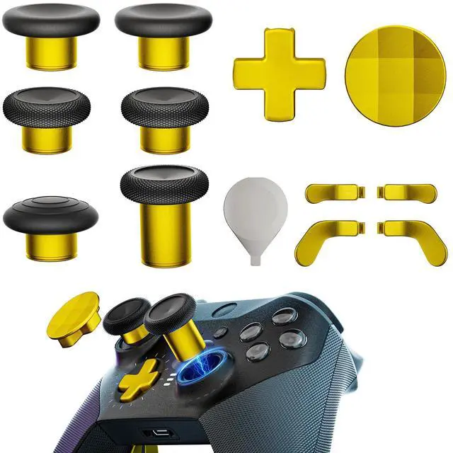 Main image of 14-in-1 Controller Accessories Kit Compatible with Xbox Elite Series 2, 6 Premium Metal Thumbsticks, Swap Joysticks, 4 Interchangeable Paddles, 2 D-Pads, 1 Tool & 1 Storage Bag (Bright Gold)