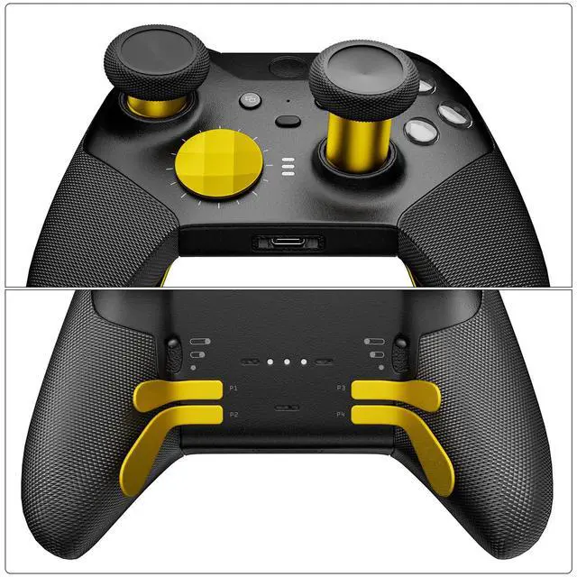 Alt view image 3 of 7 - 14-in-1 Controller Accessories Kit Compatible with Xbox Elite Series 2, 6 Premium Metal Thumbsticks, Swap Joysticks, 4 Interchangeable Paddles, 2 D-Pads, 1 Tool & 1 Storage Bag (Bright Gold)