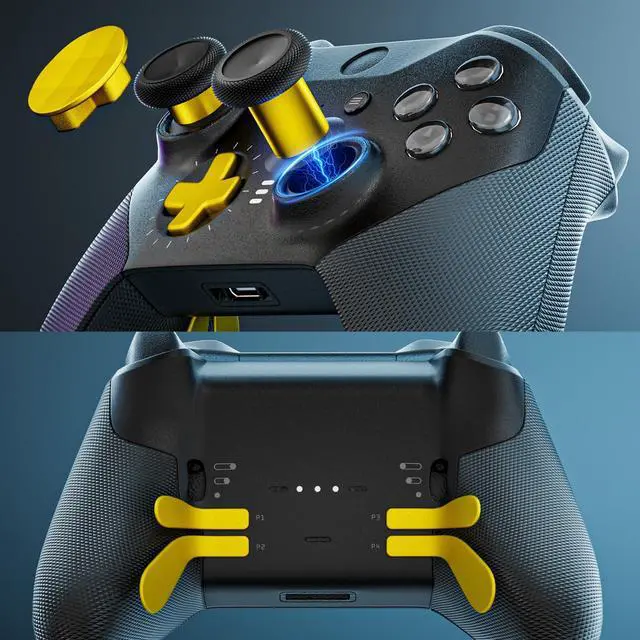 Alt view image 7 of 7 - 14-in-1 Controller Accessories Kit Compatible with Xbox Elite Series 2, 6 Premium Metal Thumbsticks, Swap Joysticks, 4 Interchangeable Paddles, 2 D-Pads, 1 Tool & 1 Storage Bag (Bright Gold)