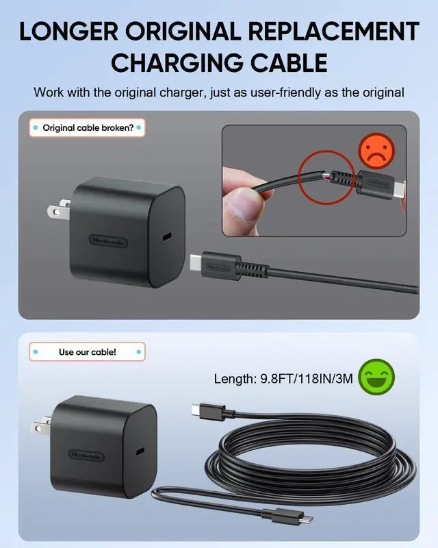 Alt view image 2 of 7 - (9.8FT) Extra Long Charging Cable for Nintendo Switch 2 AC Adapter Official