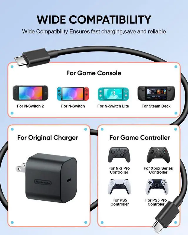 Alt view image 3 of 7 - 2 Pack (9.8FT) Switch 2 Charging Cable, Extra Long Power Cord for Nintendo